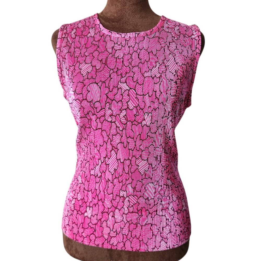 Plissé Sleeveless Top Y2K 90s‎ Vintage Size Medium Pink Pattern Pleated Tank